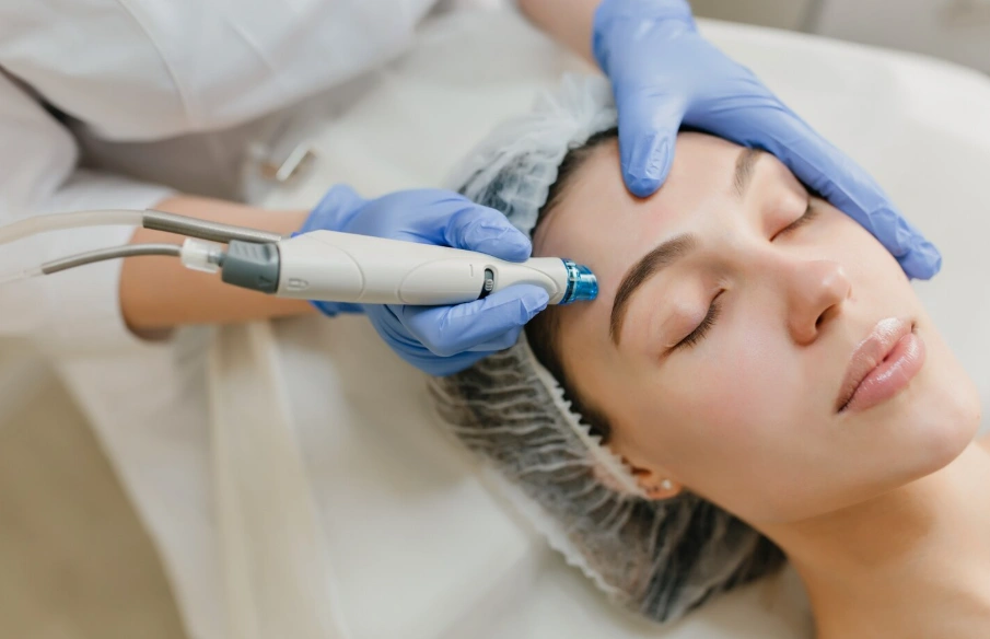 Client receiving a microdermabrasion Dallas treatment on the forehead at Glow Up Studio