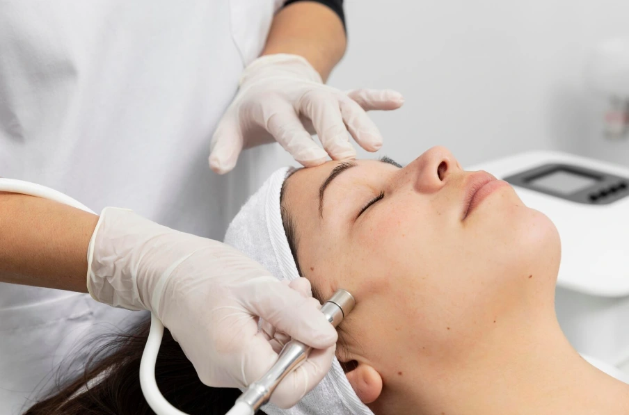 Esthetician performing a microdermabrasion facial treatment on a client at Glow Up Studio