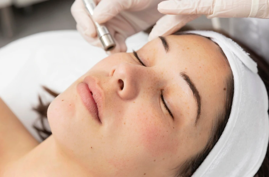 Skincare specialist smoothing a client's skin during a facial treatment at Glow Up Studio Dallas