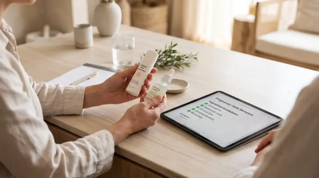 Checking pregnancy safe facial ingredients like mineral zinc and hyaluronic acid before a spa treatment