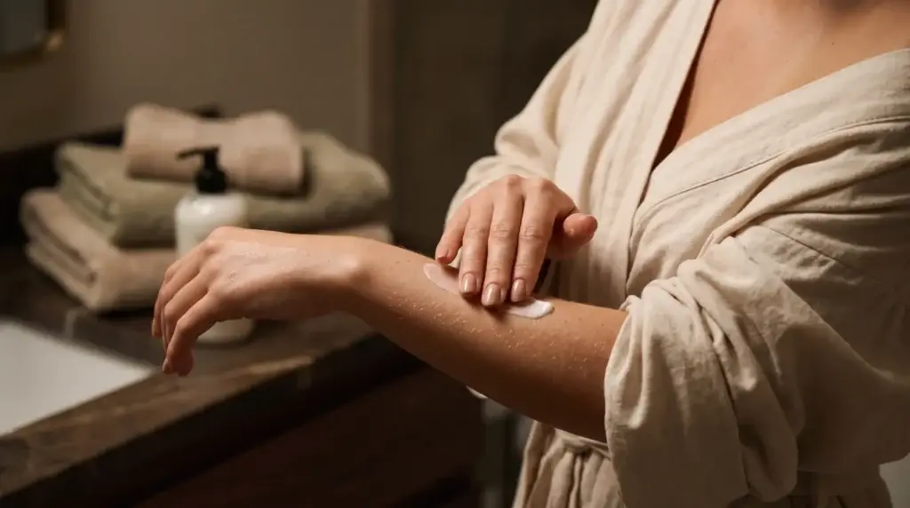 Client moisturizing her forearm with a gentle fragrance free lotion, a key waxing aftercare step for how to prevent ingrown hairs