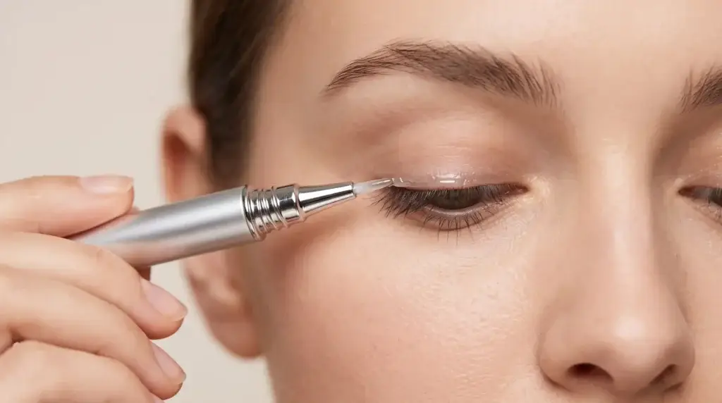 Close up of applying the best eyelash growth serum along the upper lash line for longer fuller lashes