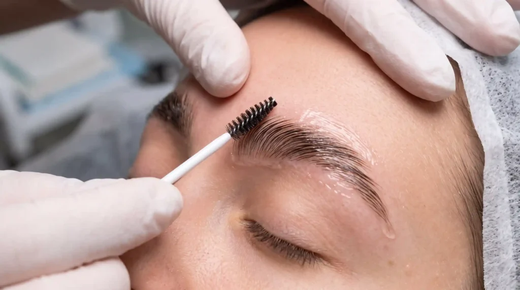 Close up of freshly laminated brows being brushed into place and how long does brow lamination last depends on aftercare