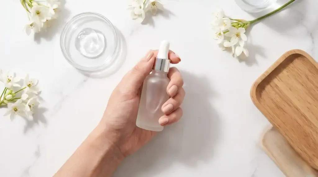 Hand holding a bottle of the best eyelash growth serum with nourishing serum ingredients on a spa counter