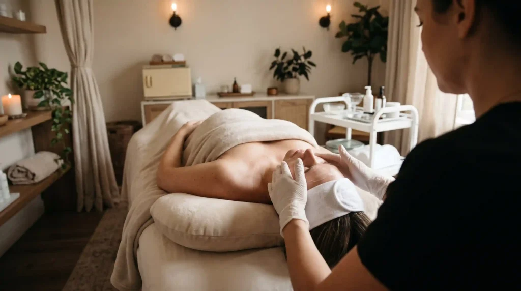 Licensed esthetician performing a customized pregnancy safe facial in a calm Dallas spa treatment room