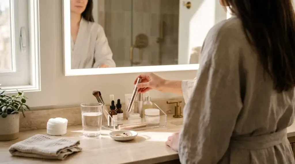 Woman applying the best eyelash growth serum during her morning beauty routine at a Dallas facial spa