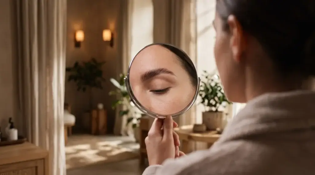 Woman checking her brows in a mirror after brow lamination at a Dallas beauty studio wondering how long does brow lamination last