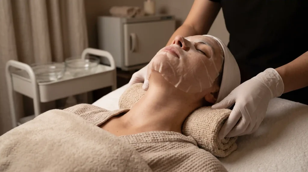 Woman enjoying a gentle pregnancy safe facial with a hydrating sheet mask at a Dallas facial spa